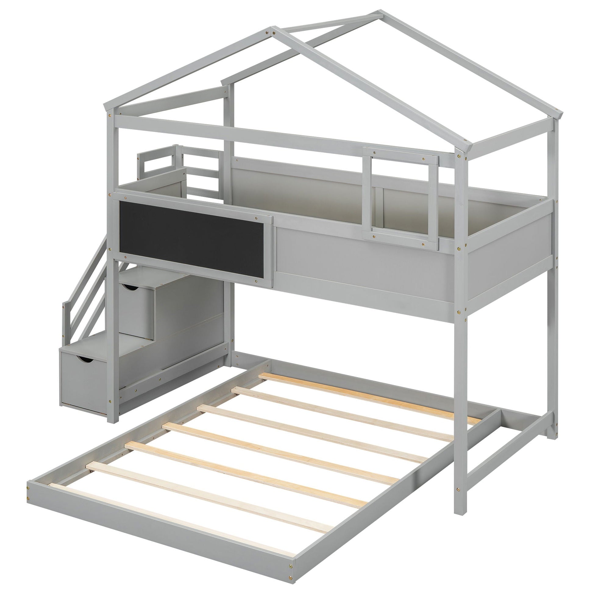 House Style bunk bed with storage staircase, gray finish, top bunk rails and built-in drawers on Tampa Home & Garden Store