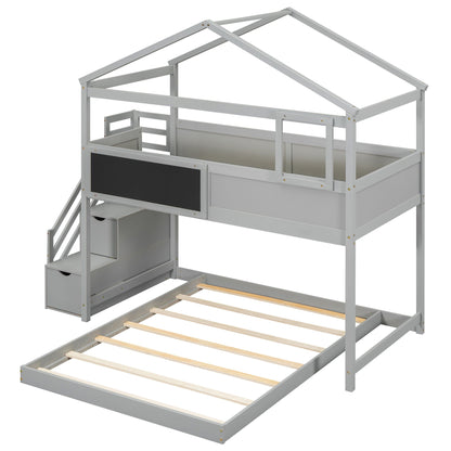 House Style bunk bed with storage staircase, gray finish, top bunk rails and built-in drawers on Tampa Home & Garden Store