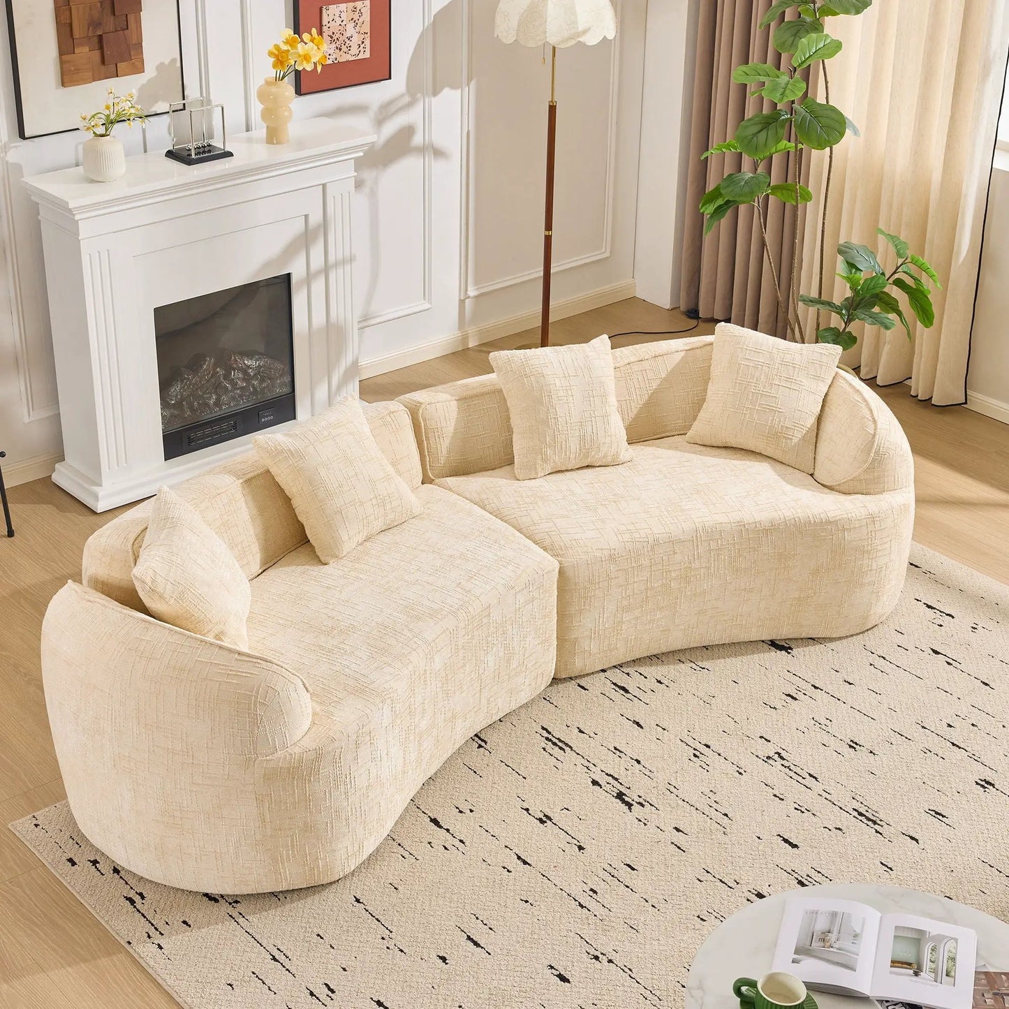 Curved Compressed Sofa, beige textured fabric Nordic-style living room seating on Tampa Home & Garden Store