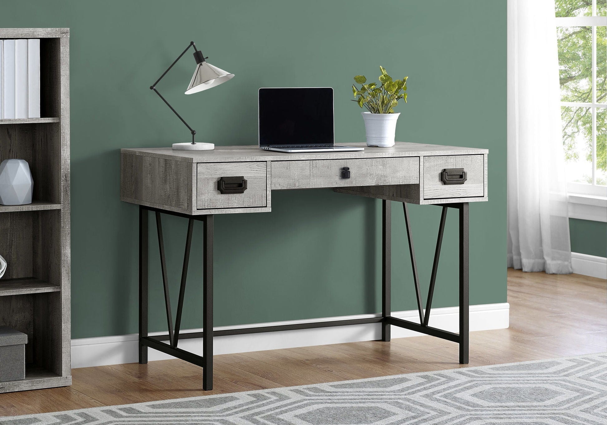 HouseOfZazla computer desk, gray wood finish, storage drawers, transitional style on Tampa Home & Garden Store