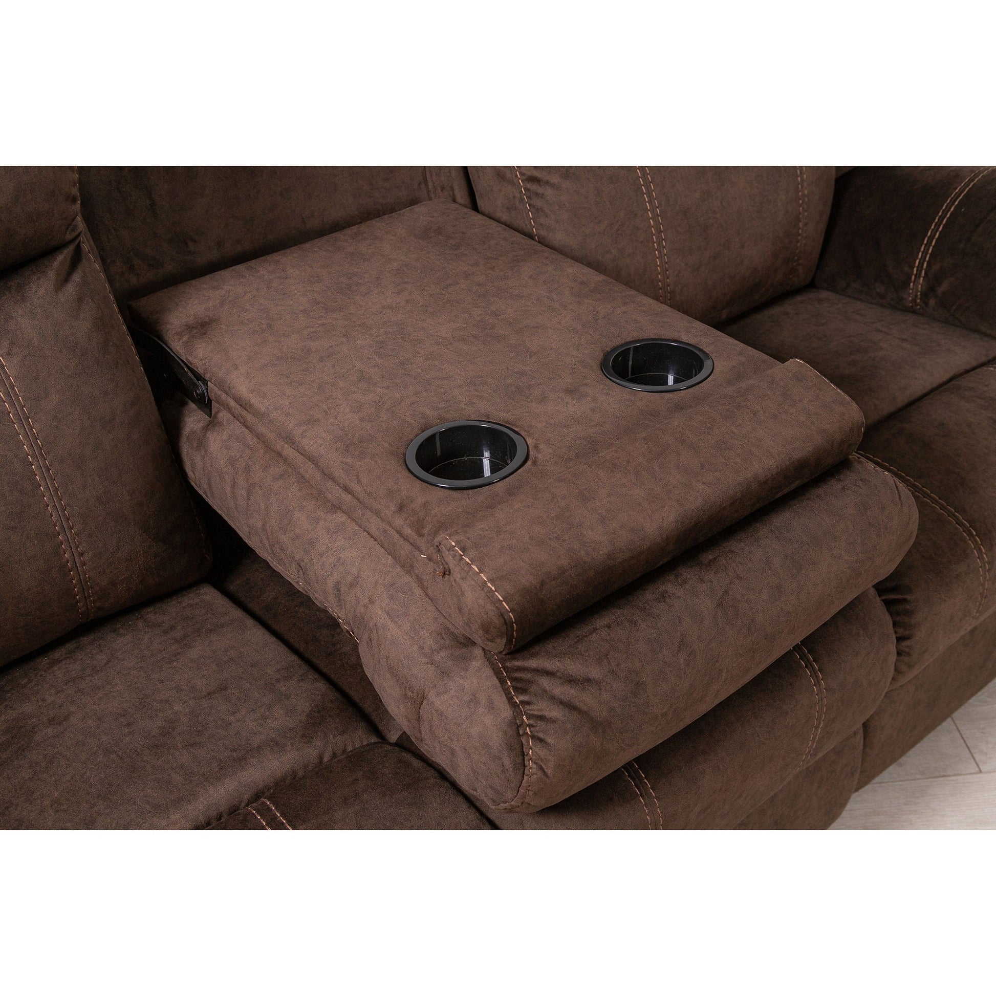Sonet Domino reclining sofa closeup in brown suede with cup holders on Tampa Home & Garden Store