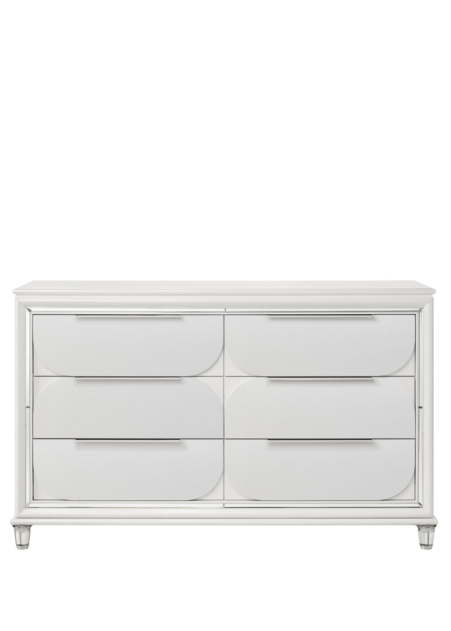 Tarian Dresser White with eight curved-panel fronts and chrome feet, HouseOfZazla on Tampa Home & Garden Store