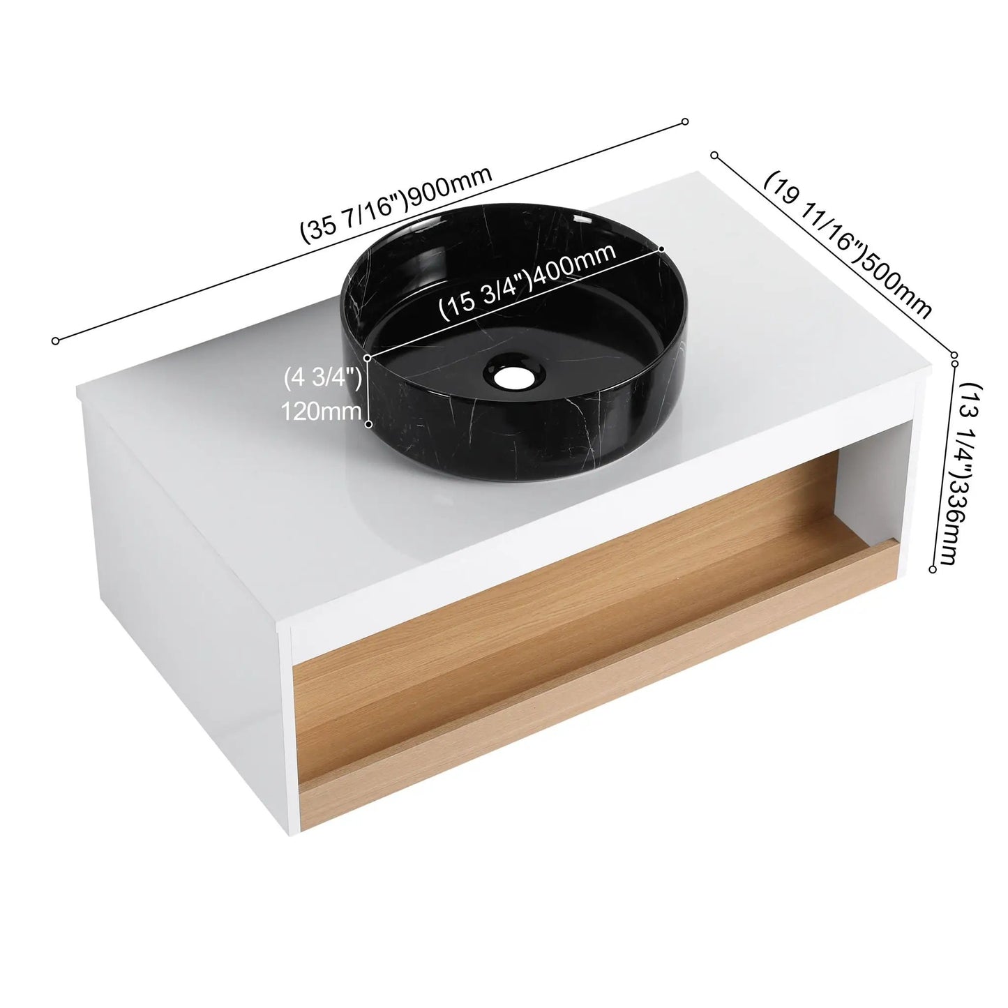 Floating Vanity with Vessel Sink and Open Shelf