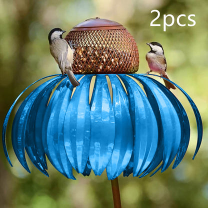 Garden Petal Shape Bird Feeder, blue petal-slice sphere with brown top, two birds perched on Tampa Home & Garden Store
