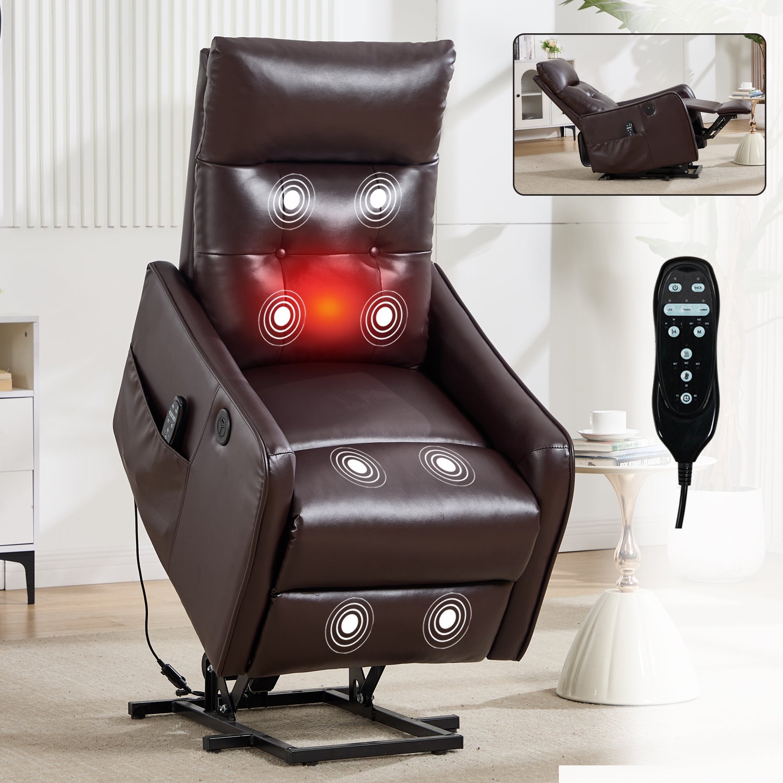 Brown PU single-motor power lift recliner with massage & heat by HouseOfZazla, remote included on Tampa Home & Garden Store