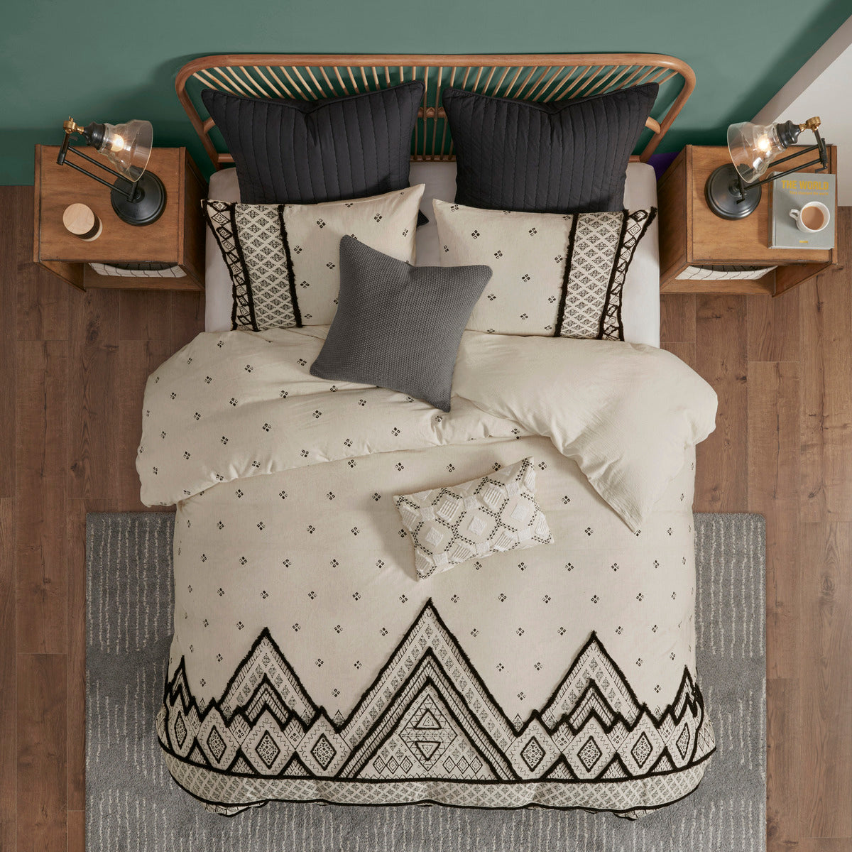 Duvet cover set 3pc flax-cotton beige with black boho geometric border by HouseOfZazla on bed on Tampa Home & Garden Store