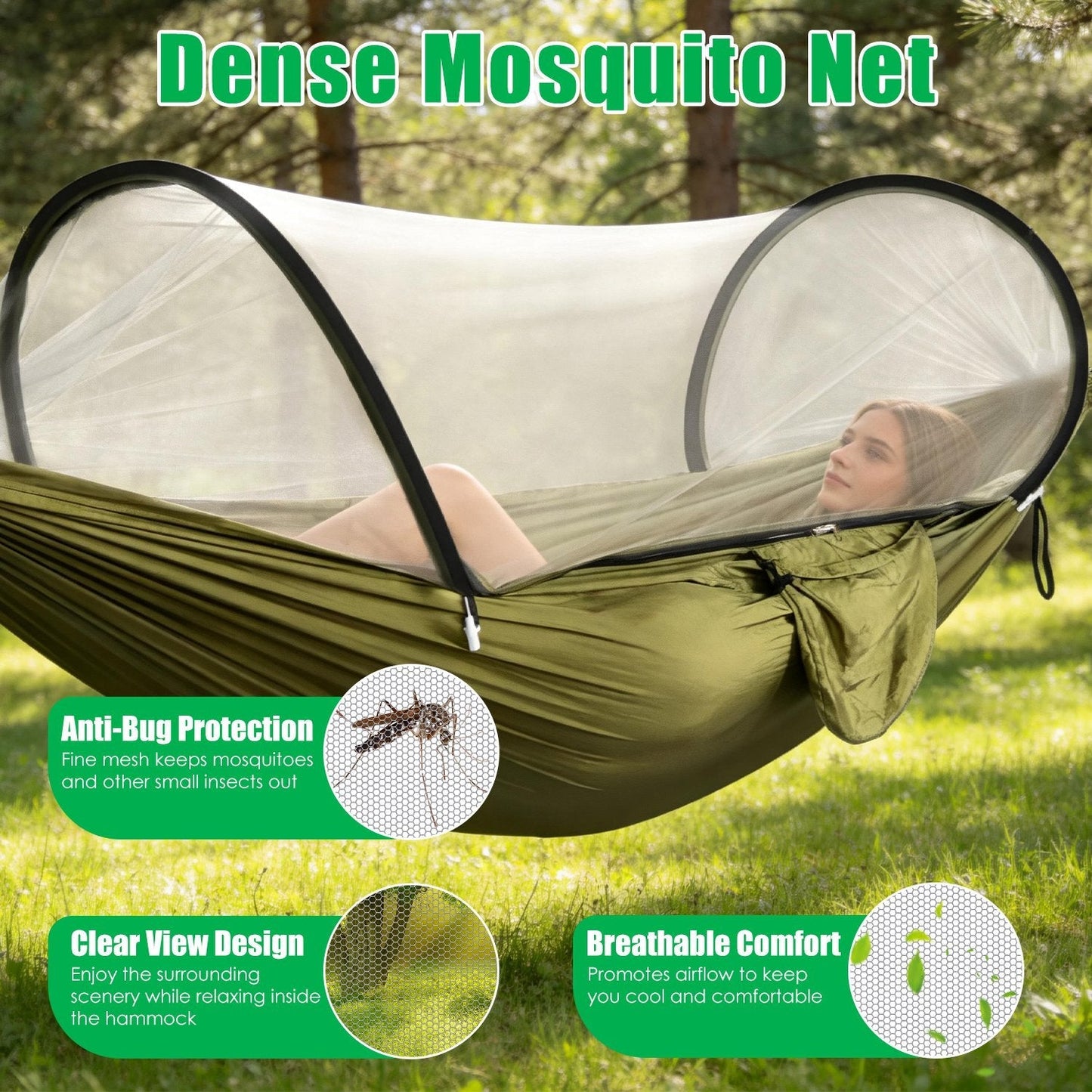GemGear camping hammock with mosquito net, olive green, 440lb capacity, 3-in-1 portable on Tampa Home & Garden Store