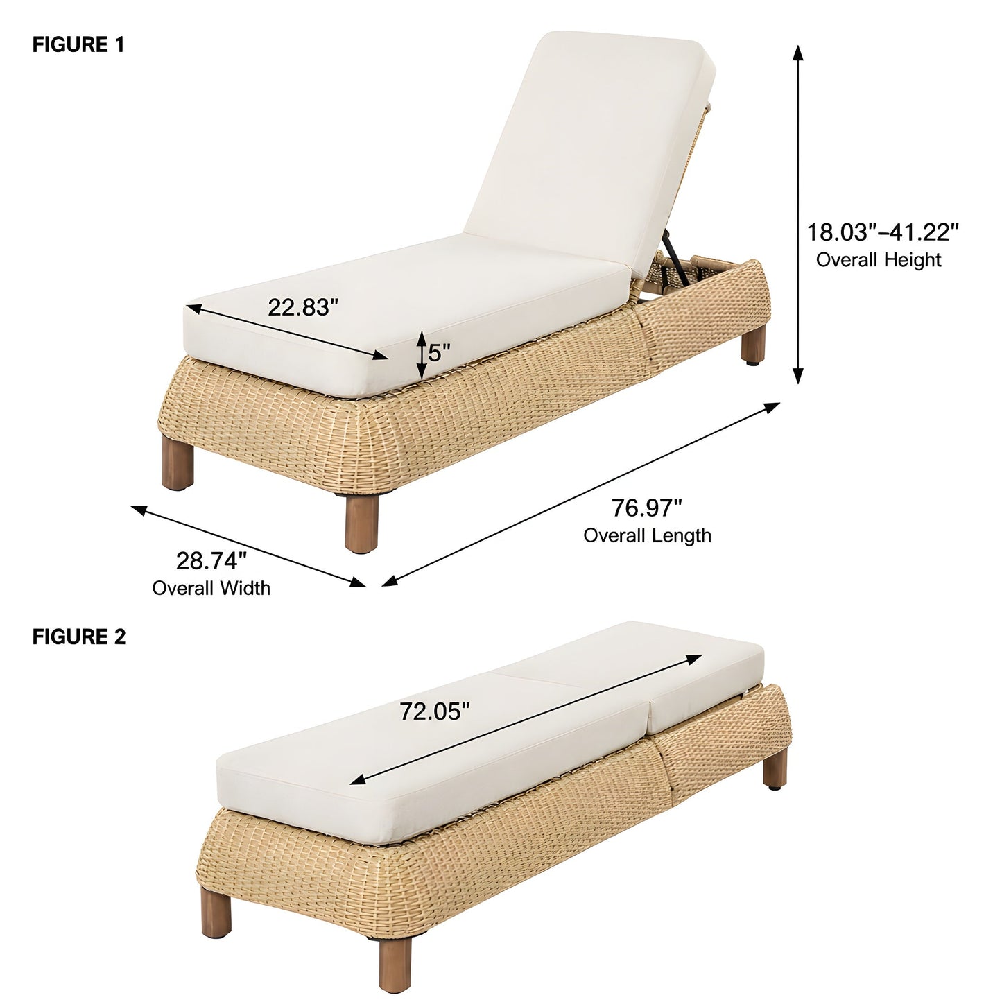 Adjustable outdoor wicker chaise lounge chairs set of 2 with beige cushions on wicker base on Tampa Home & Garden Store