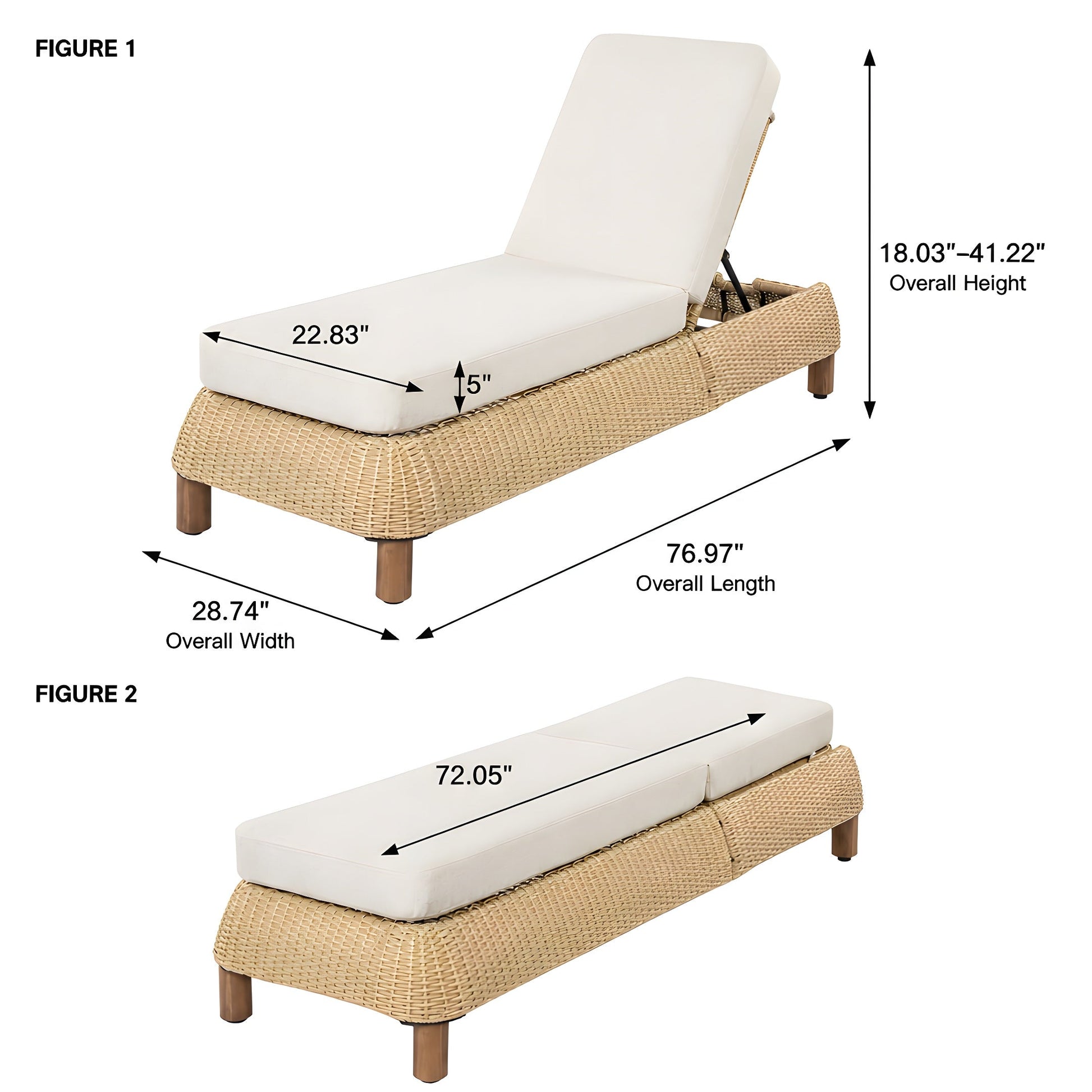 Adjustable outdoor wicker chaise lounge chairs set of 2 with beige cushions on wicker base on Tampa Home & Garden Store
