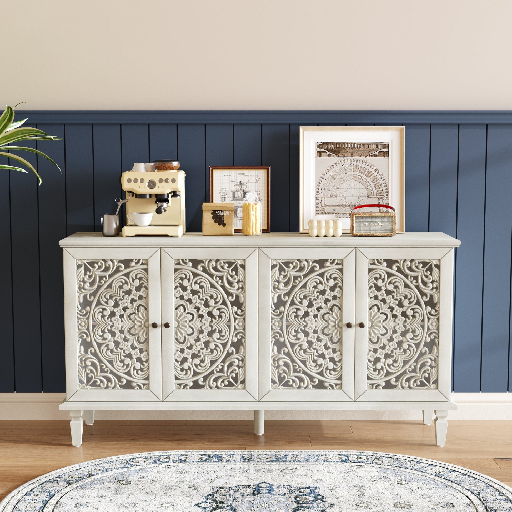 60-inch antique buffet cabinet with floral carvings and solid wood legs, cream finish, ornate carved panels on Tampa Home & Garden Store