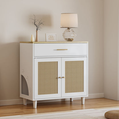 Cat Litter Box Enclosure with Scratch Pad, white cabinet with woven rattan doors on Tampa Home & Garden Store