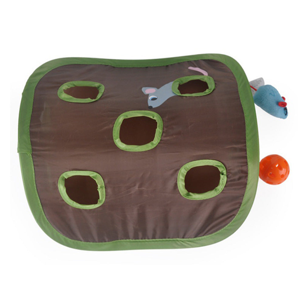 Cat hide-and-seek mat brown trim holes includes blue mouse toy and orange ball on Tampa Garden on Tampa Home & Garden Store