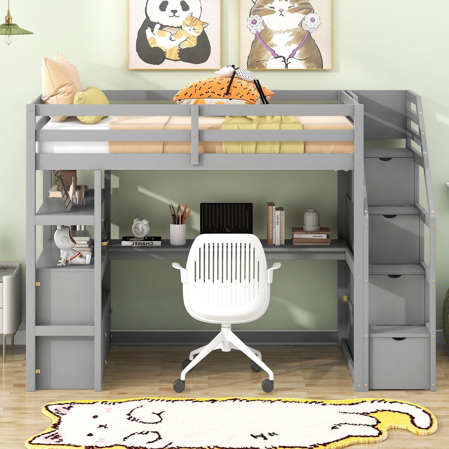 Loft Bed With Desk, Shelves, 2 Drawers, Storage Staircase gray by HouseOfZazla with desk on Tampa Home & Garden Store