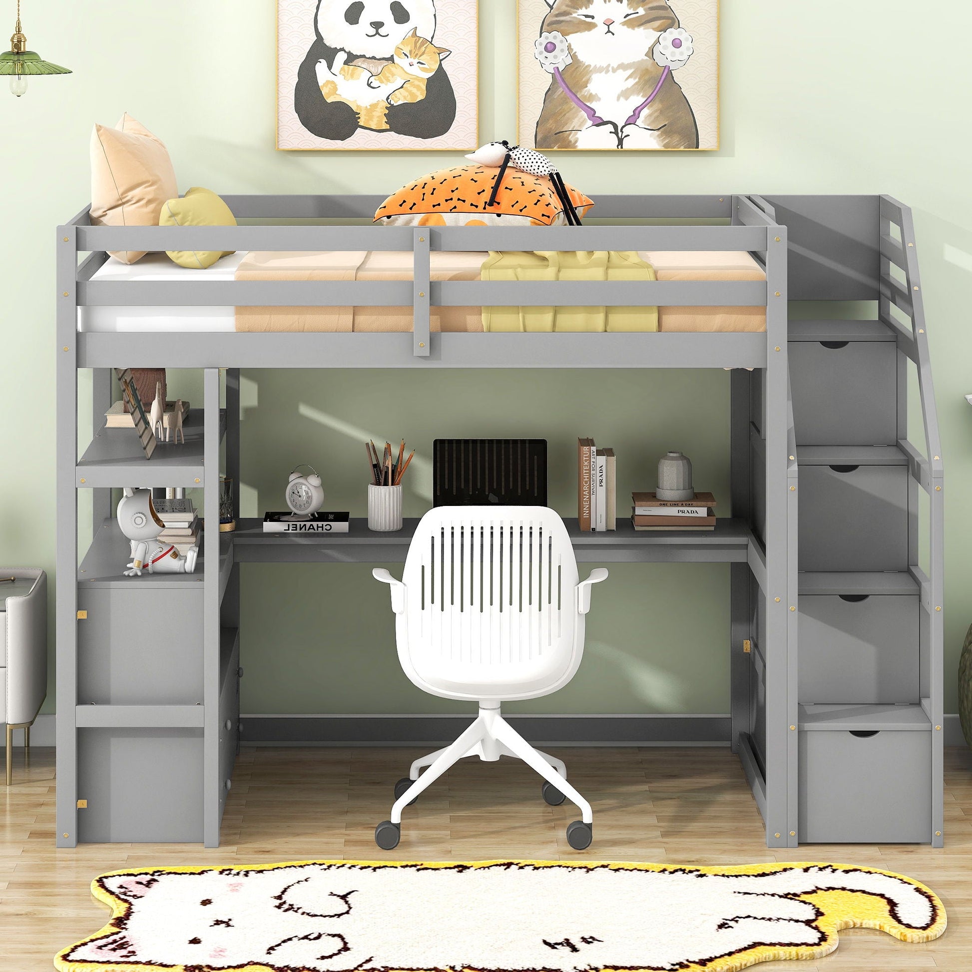 Loft Bed With Desk, Shelves, 2 Drawers, Storage Staircase gray by HouseOfZazla with desk on Tampa Home & Garden Store