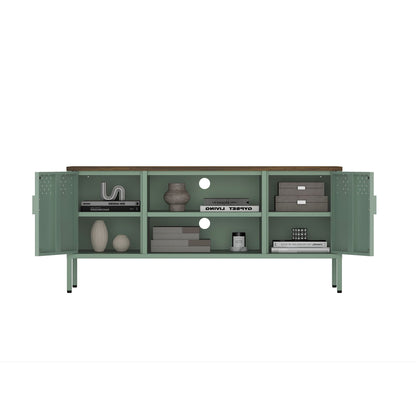 Green storage cabinet TV stand with steel frame and dual cabinets on Tampa Home & Garden Store