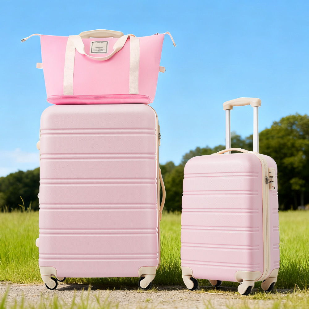 HouseOfZazla pink hardshell luggage set with 20-inch carry-on and 28-inch spinners plus tote on Tampa Home & Garden Store