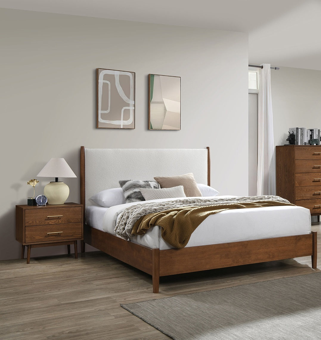 Walnut color 3pc bedroom set full-size bed with upholstered panel headboard and two nightstands on Tampa Home & Garden Store