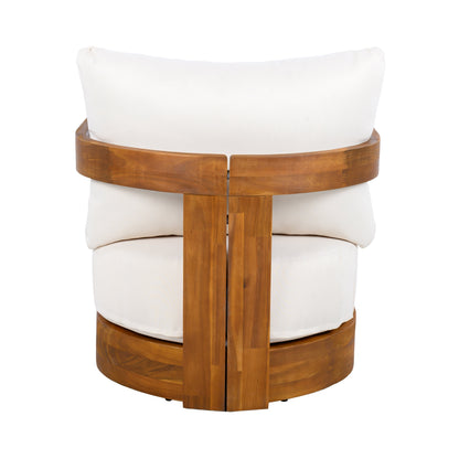 Premium Acacia Wood Outdoor Club Chair by HouseOfZazla with white cushions and round frame on Tampa Home & Garden Store