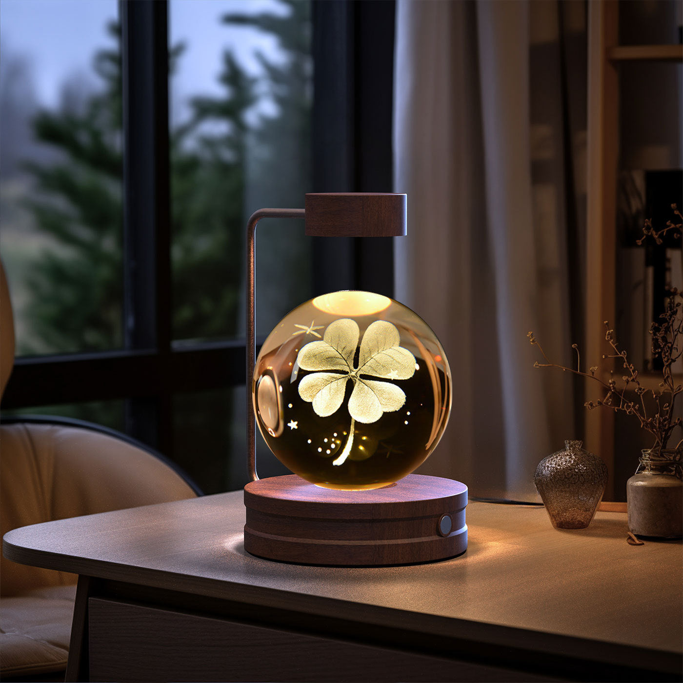 Crystal ball night light on wooden base with arc metal stand, warm amber glow and floral etching on Tampa Home & Garden Store