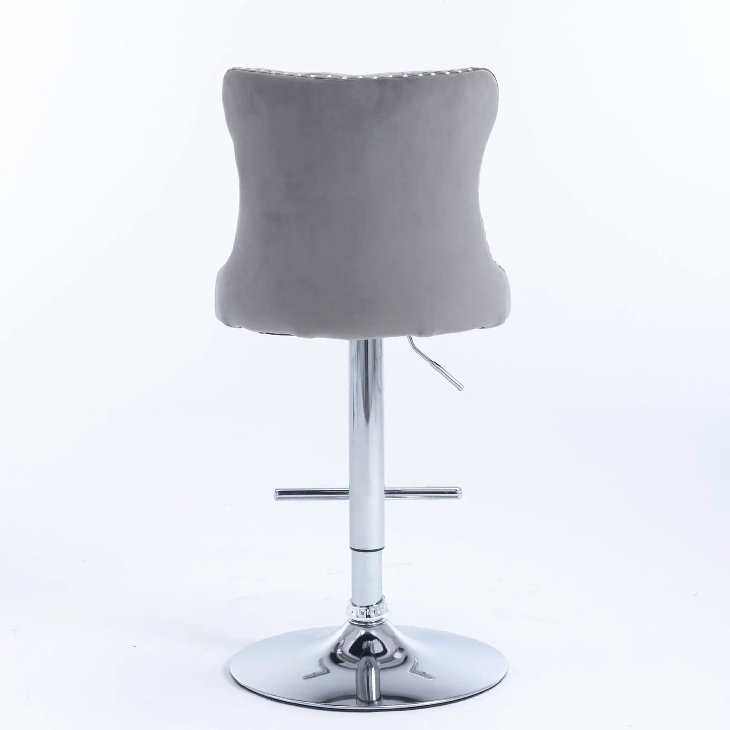 Grey tufted swivel bar stool with back chrome pedestal base height 25-33 in on Tampa Home & Garden Store