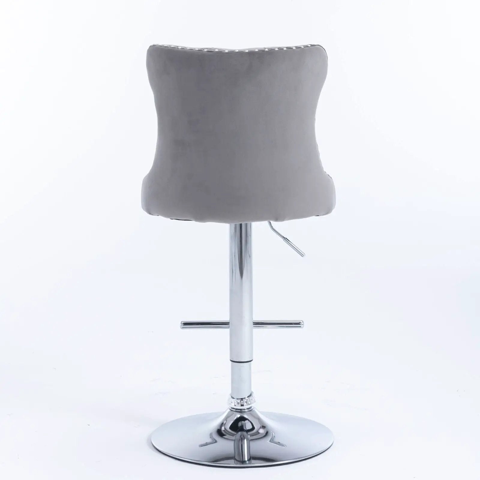 Grey tufted swivel bar stool with back chrome pedestal base height 25-33 in on Tampa Home & Garden Store