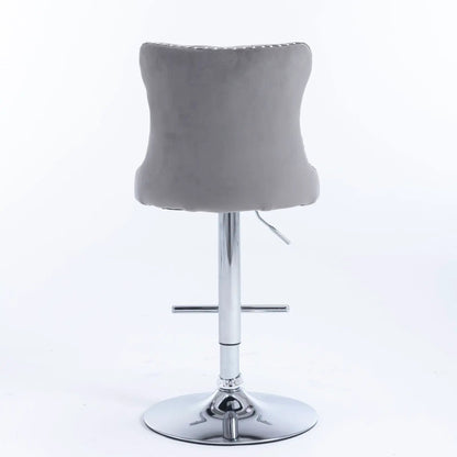 Grey tufted swivel bar stool with back chrome pedestal base height 25-33 in on Tampa Home & Garden Store