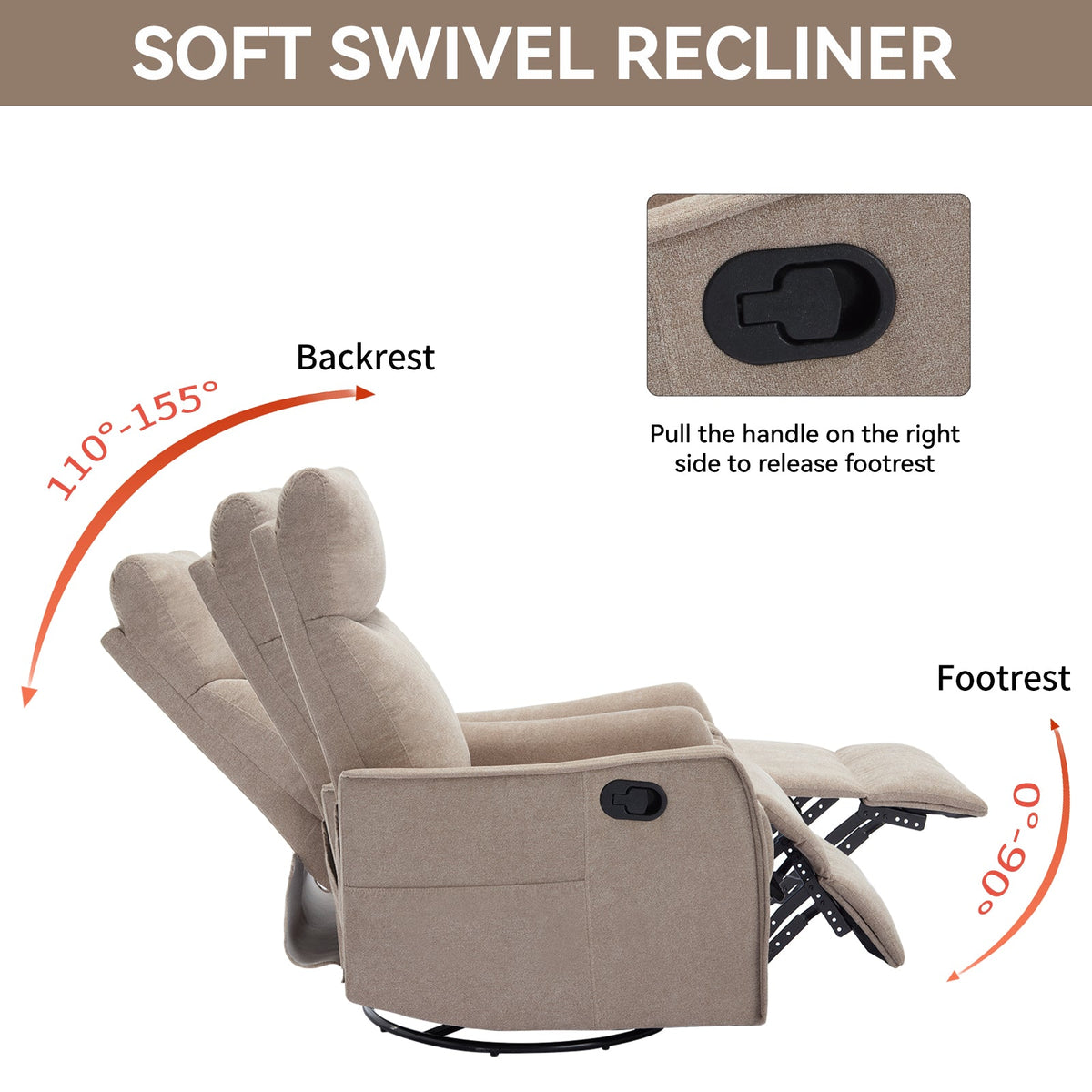 Heat massage manual recliner chair in khaki fabric with rocker and swivel by HouseOfZazla on Tampa Home & Garden Store