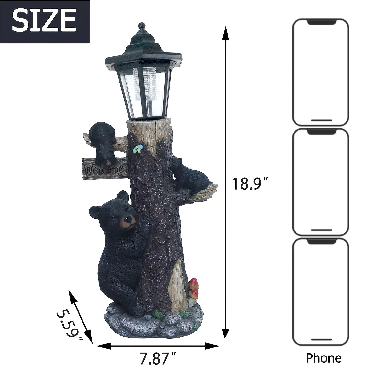 Three black bear statues around a lamp post with Welcome sign and solar light, 18.9 in tall on Tampa Home & Garden Store
