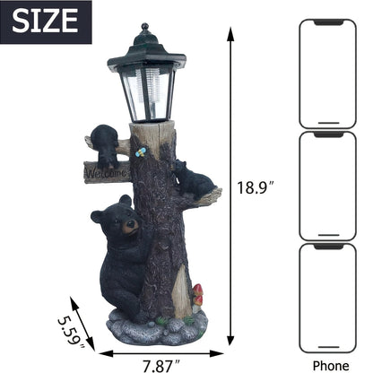 Three black bear statues around a lamp post with Welcome sign and solar light, 18.9 in tall on Tampa Home & Garden Store