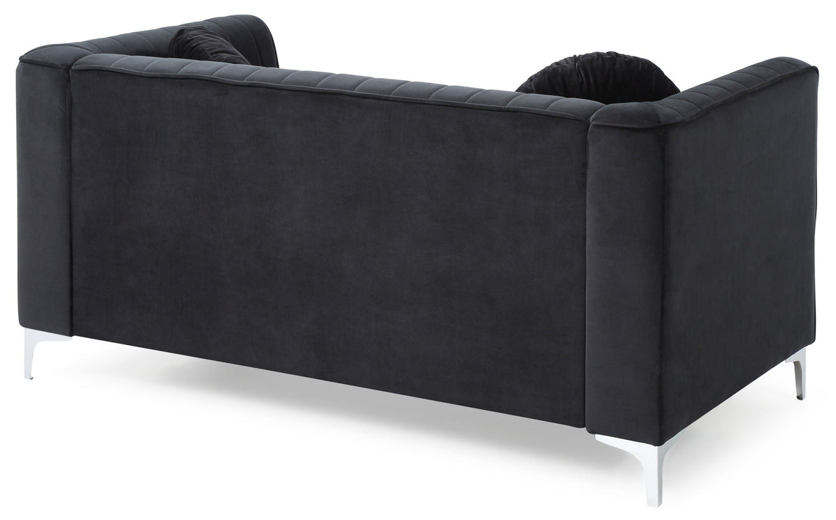 Glam micro suede loveseat with channel quilting, black upholstery, stationary with metal legs on Tampa Home & Garden Store
