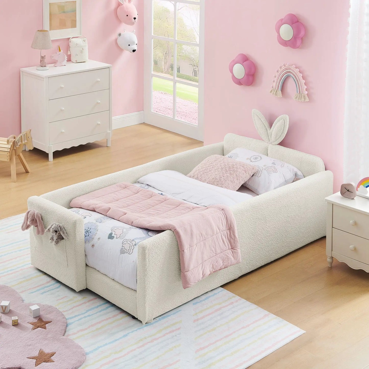 Cute Rabbit Ear Upholstered Platform Bed Frame With Safety Rail in cream, pink bedding on Tampa Home & Garden Store