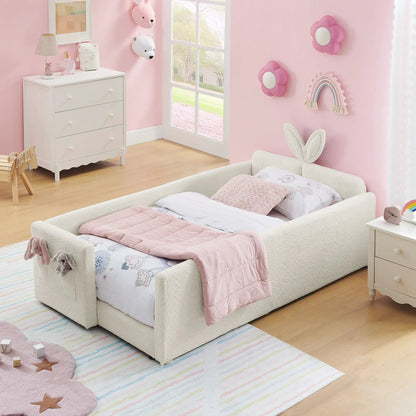 Cute Rabbit Ear Upholstered Platform Bed Frame With Safety Rail in cream, pink bedding on Tampa Home & Garden Store