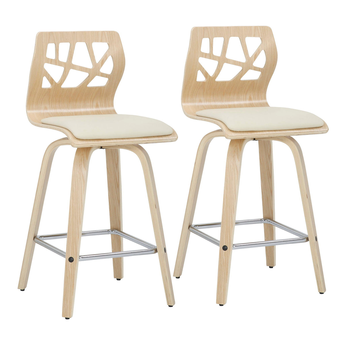 Folia mid-century counter stools by HouseOfZazla, natural wood with beige cushions, set of 2 on Tampa Home & Garden Store