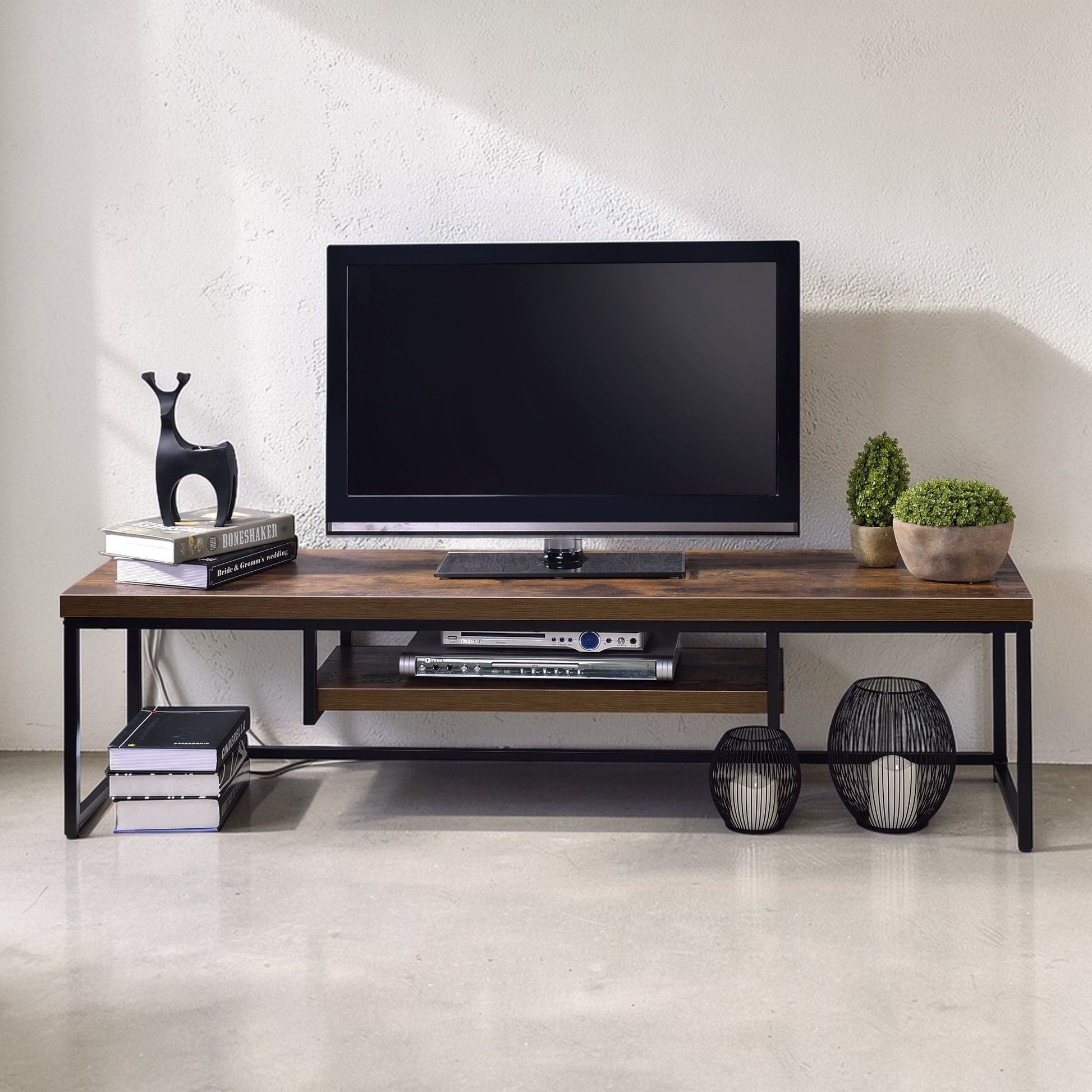 Bob TV Stand with storage, wood top and black metal frame, supports a flat-screen TV on Tampa Home & Garden Store