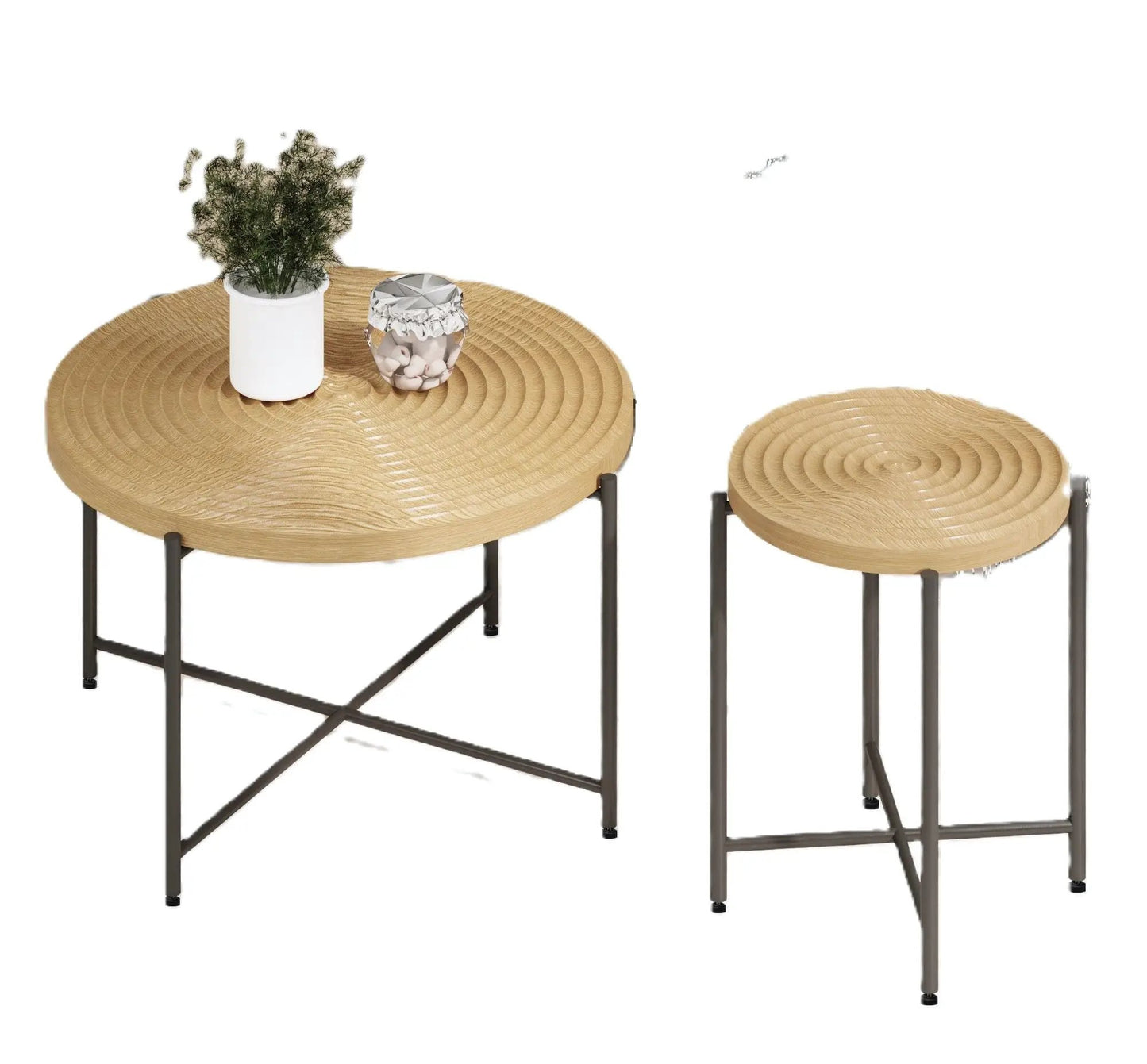 Round woven rattan tables with black metal legs; coffee and end table set of 2 in rustic style on Tampa Home & Garden Store