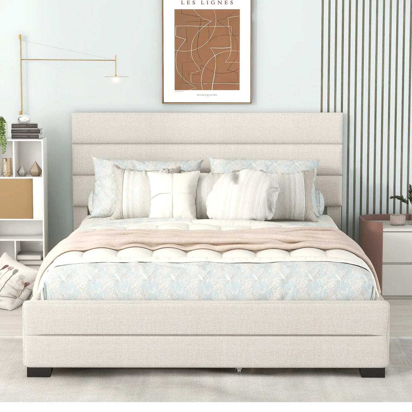 Queen platform bed beige fabric with upholstered headboard in a modern bedroom on Tampa Home & Garden Store