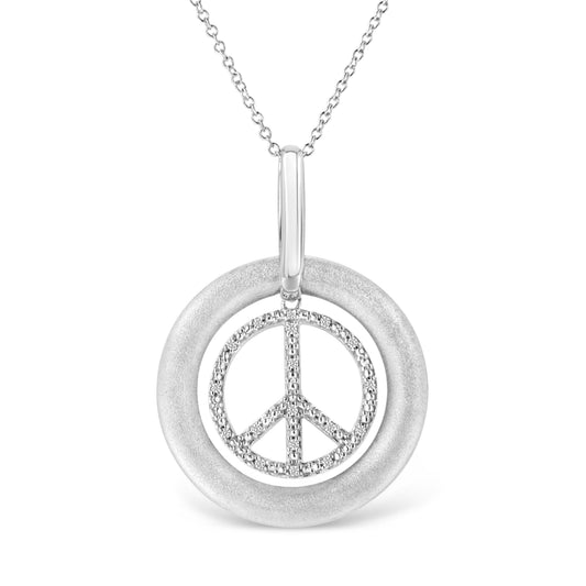 Peace sign pendant necklace in matte finish .925 sterling silver with diamonds, 18in chain on Tampa Home & Garden Store