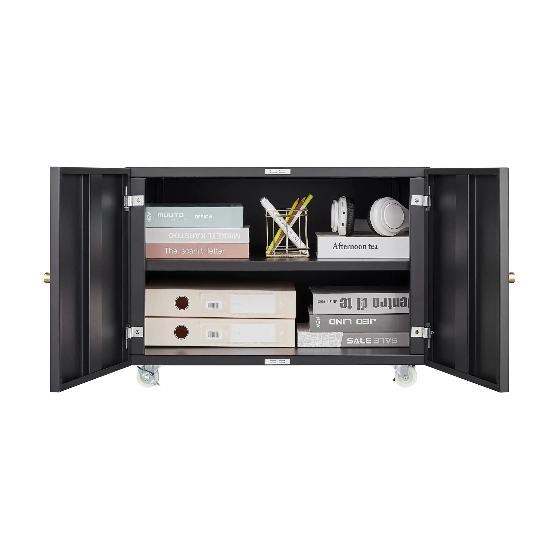 Printer stand Unique Piece Furniture black steel 2-door cabinet with shelves and casters on Tampa Home & Garden Store