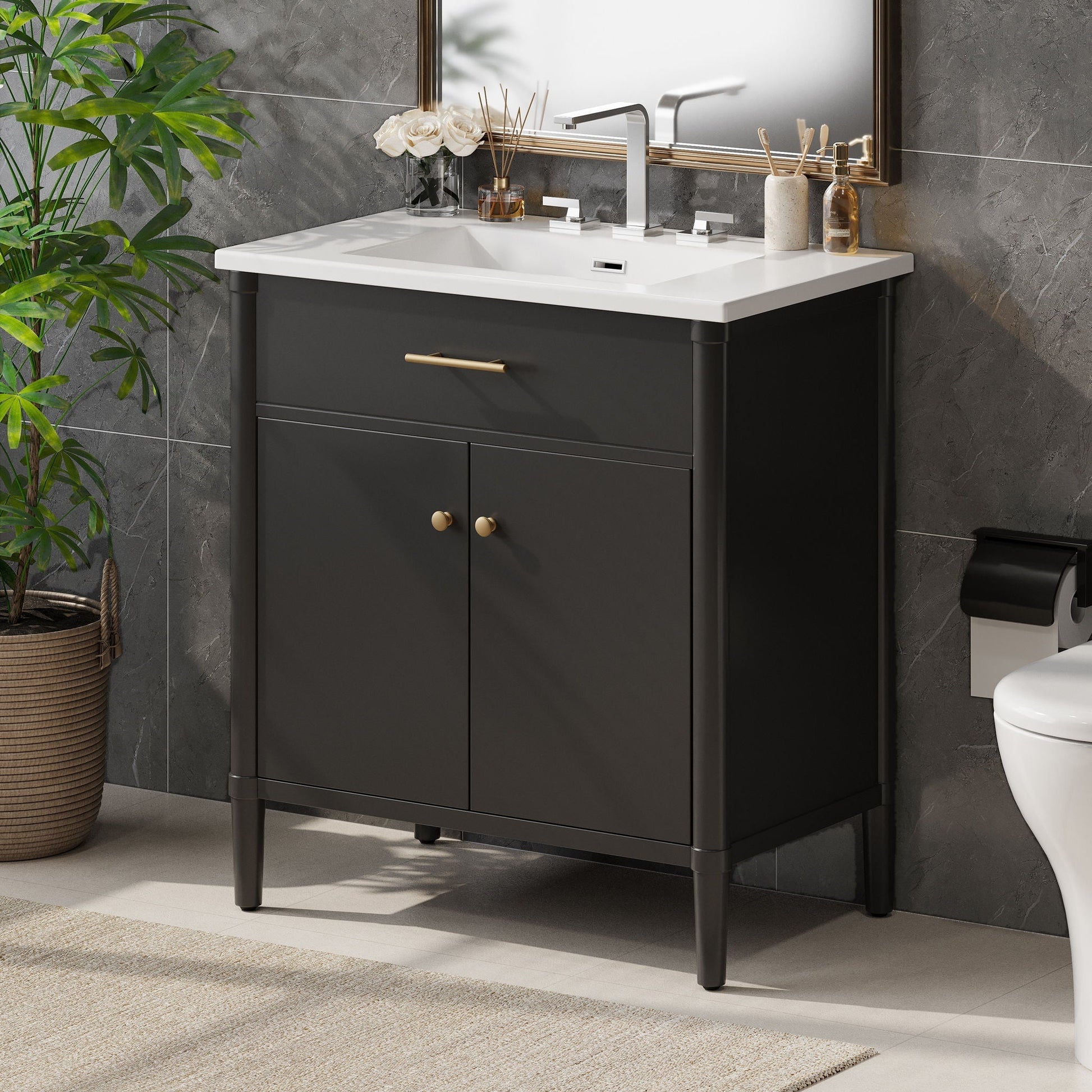 Bathroom vanity with sink by HouseOfZazla, charcoal cabinet, adjustable shelf, white top on Tampa Home & Garden Store