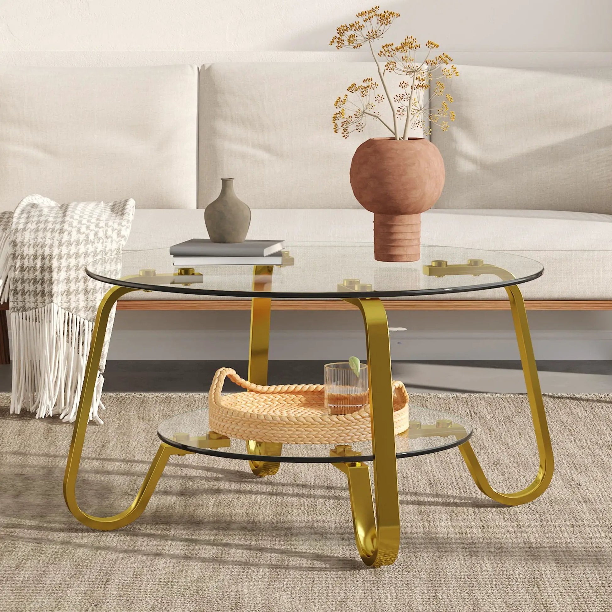 Double Layer Coffee Table with two glass tiers and gold curved legs on Tampa Home & Garden Store