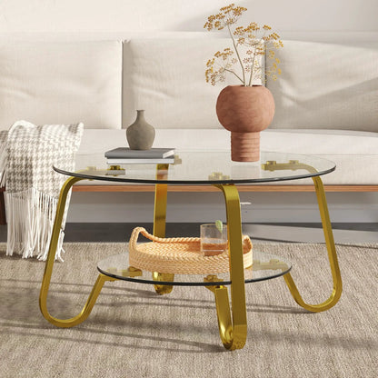 Double Layer Coffee Table with two glass tiers and gold curved legs on Tampa Home & Garden Store