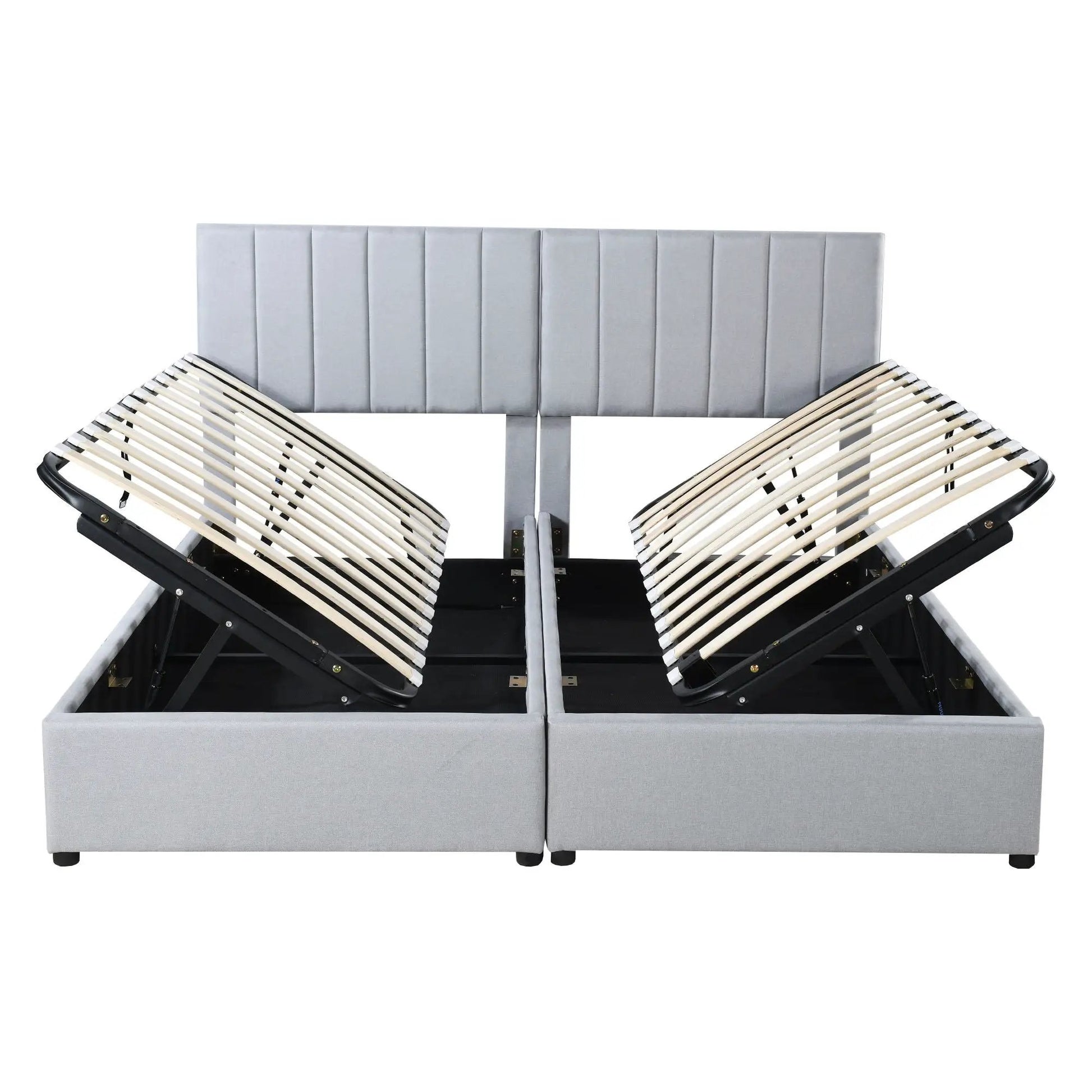 Upholstered platform storage bed in gray fabric with hydraulic lift and slatted base on Tampa Home & Garden Store
