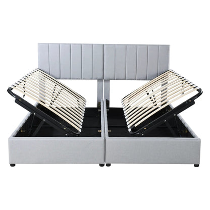 Upholstered platform storage bed in gray fabric with hydraulic lift and slatted base on Tampa Home & Garden Store