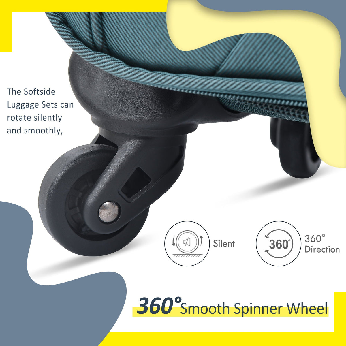 Luggage spinner wheel close-up on teal fabric with black wheel 360° smooth motion on Tampa Home & Garden Store