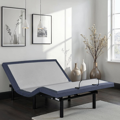 Queen adjustable bed base with dark frame and light mattress in a modern bedroom HouseOfZazla on Tampa Home & Garden Store