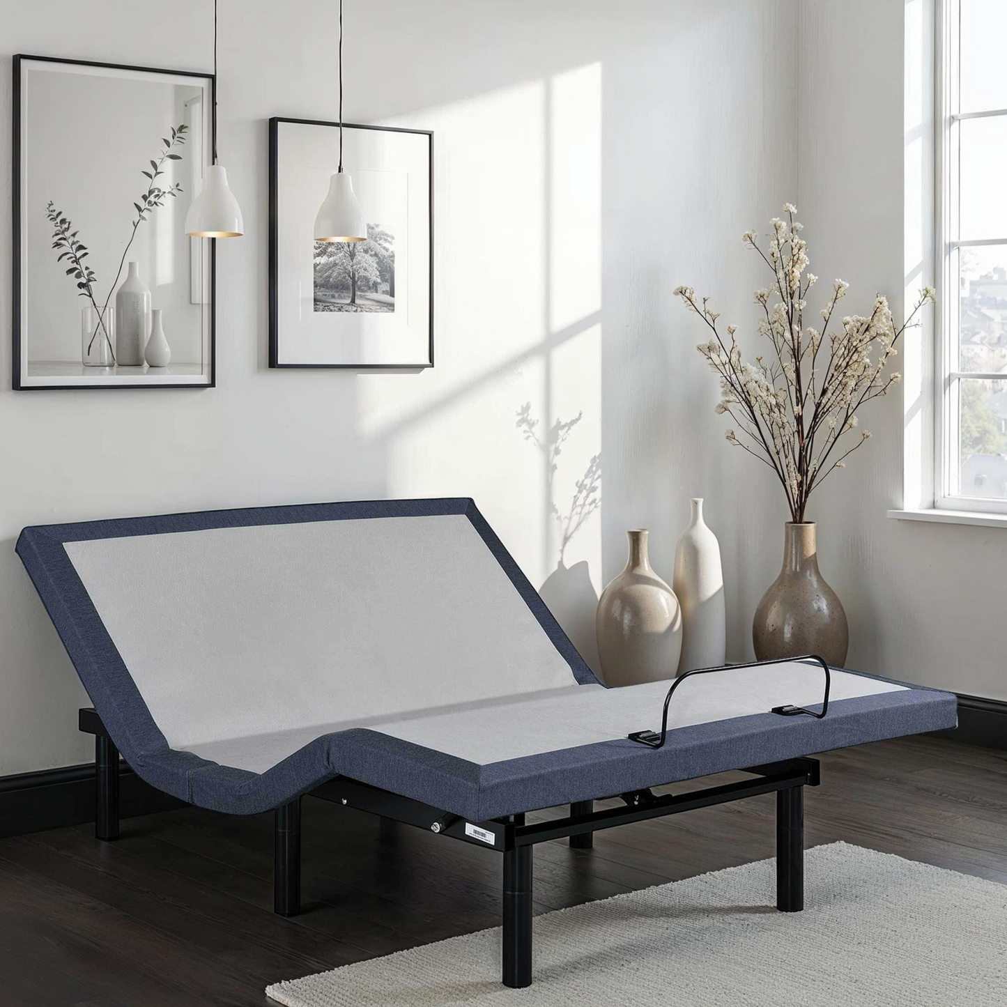 Full Adjustable Bed Base with Head and Foot Adjustments in gray upholstery with remote on Tampa Home & Garden Store