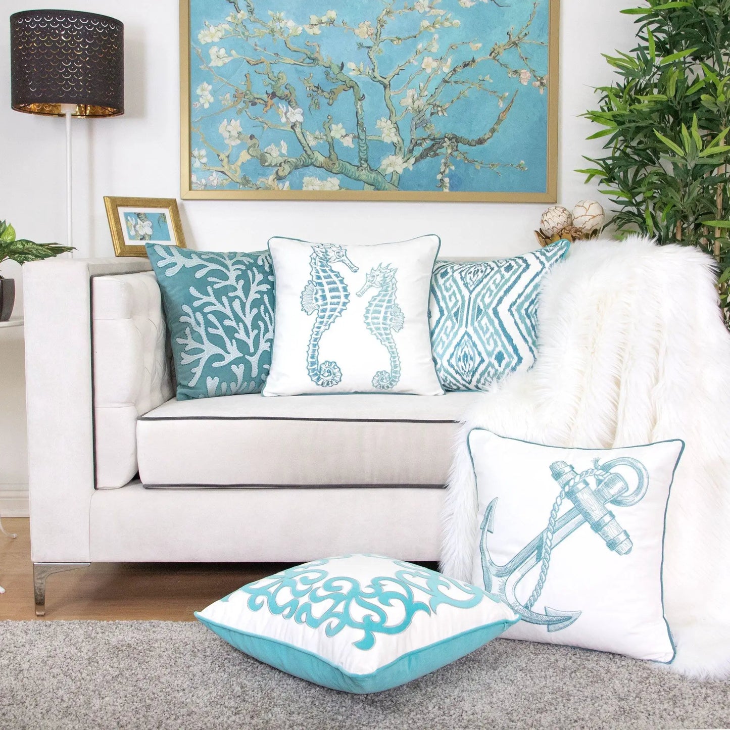 Seahorses pillow covers with matching backs in teal and white, accent cushions by Unique Piece Furniture on Tampa Home & Garden Store