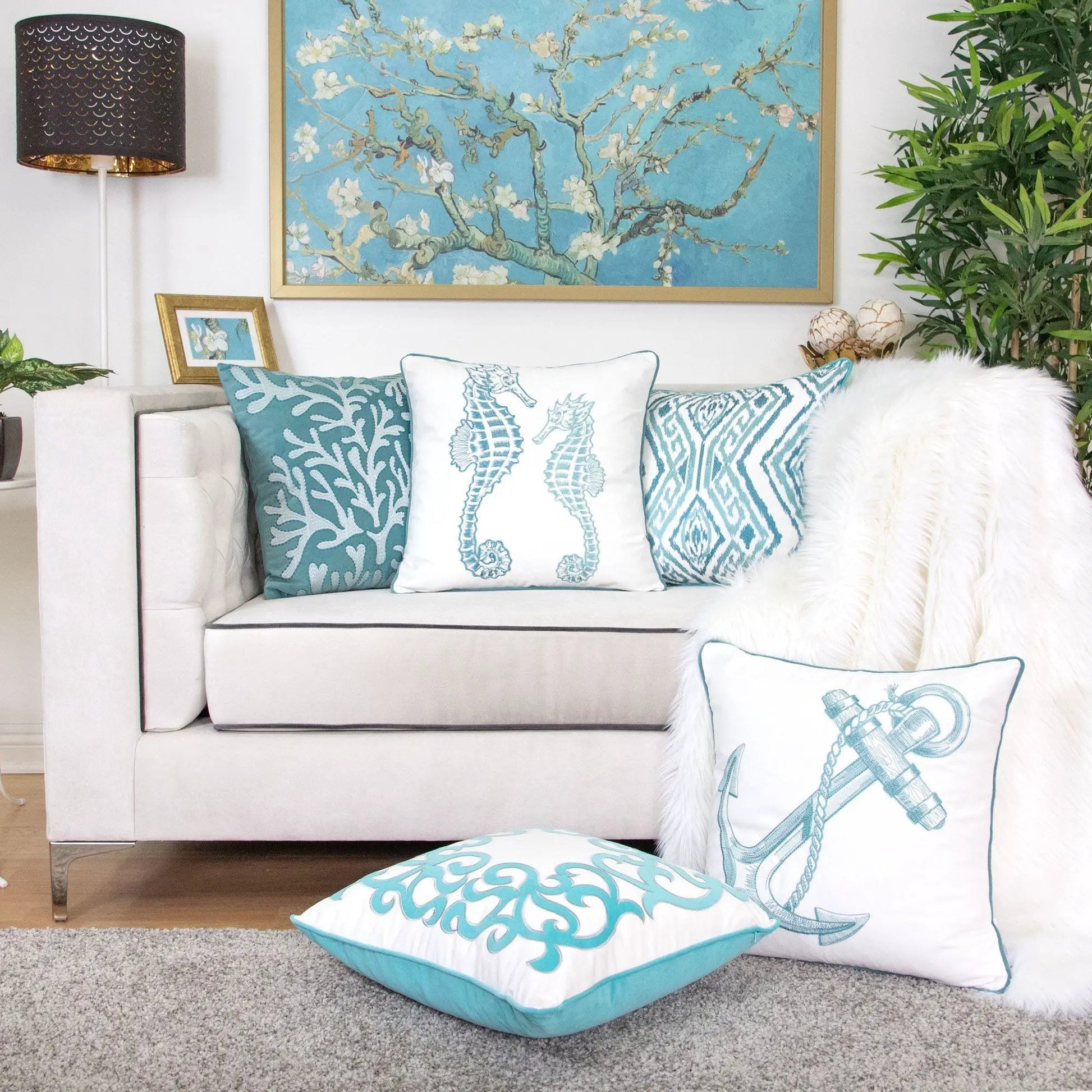 Seahorses pillow covers with matching backs in teal and white, accent cushions by Unique Piece Furniture on Tampa Home & Garden Store