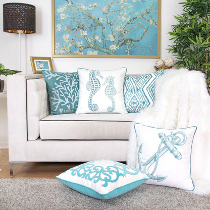 Seahorses pillow covers with matching backs in teal and white, accent cushions by Unique Piece Furniture on Tampa Home & Garden Store