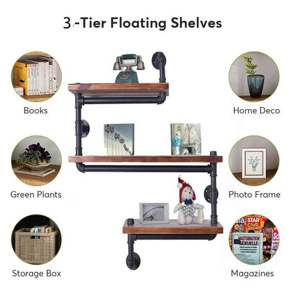 FLIPSTYLEZLLC 3-tier industrial pipe shelf with solid wood planks and iron frame on Tampa Home & Garden Store